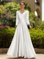 Trendy A-Line/Princess Silk like Satin Ruched V-Neck 3/4 Sleeves Ankle-Length Mother of the Bride Dress