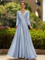Trendy A-Line/Princess Silk like Satin Ruched V-Neck 3/4 Sleeves Ankle-Length Mother of the Bride Dress