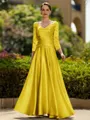 Trendy A-Line/Princess Silk like Satin Ruched V-Neck 3/4 Sleeves Ankle-Length Mother of the Bride Dress