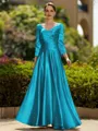 Trendy A-Line/Princess Silk like Satin Ruched V-Neck 3/4 Sleeves Ankle-Length Mother of the Bride Dress