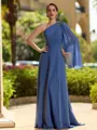 Impeccable A-line One-Shoulder Long Sleeves Pleated Floor-Length Chiffon Mother of the Bride Dress