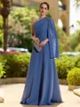 Impeccable A-line One-Shoulder Long Sleeves Pleated Floor-Length Chiffon Mother of the Bride Dress