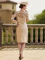 Glamorous Sheath/Column Satin Lace V-Neck Long Sleeves Knee-Length Mother of the Bride Dresses