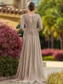 Understated A-line Scoop 3/4 Sleeves Appliques Lace Sweep Train Chiffon Mother of the Bride Dress