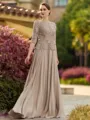 Understated A-line Scoop 3/4 Sleeves Appliques Lace Sweep Train Chiffon Mother of the Bride Dress