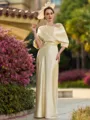 Glamorous Sheath/Column Charmeuse Ruched Off-the-Shoulder Short Sleeves Floor-Length Mother of the Bride Dresses