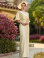 Glamorous Sheath/Column Charmeuse Ruched Off-the-Shoulder Short Sleeves Floor-Length Mother of the Bride Dresses
