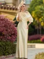 Glamorous Sheath/Column Charmeuse Ruched Off-the-Shoulder Short Sleeves Floor-Length Mother of the Bride Dresses