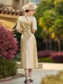 Splendid Sheath/Column Silk like Satin Ruched Scoop Short Sleeves Tea-Length Mother of the Bride Dresses