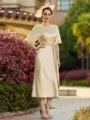 Splendid Sheath/Column Silk like Satin Ruched Scoop Short Sleeves Tea-Length Mother of the Bride Dresses
