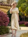 Splendid Sheath/Column Silk like Satin Ruched Scoop Short Sleeves Tea-Length Mother of the Bride Dresses