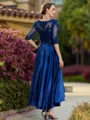Elegant A-line Scoop 1/2 Sleeves Appliques Lace Asymmetrical Silk Like Satin Mother of the Bride Dress