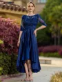 Elegant A-line Scoop 1/2 Sleeves Appliques Lace Asymmetrical Silk Like Satin Mother of the Bride Dress