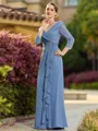 Radiant A-line V-Neck 3/4 Sleeves Ruffles Floor-Length Chiffon Mother of the Bride Dress