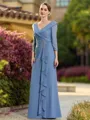 Radiant A-line V-Neck 3/4 Sleeves Ruffles Floor-Length Chiffon Mother of the Bride Dress