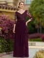 Impeccable A-line V-Neck 3/4 Sleeves Appliques Lace Floor-Length Chiffon Mother of the Bride Dress