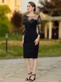 Glamorous Sheath Scoop 3/4 Sleeves Appliques Lace Knee-Length Stretch Crepe Mother of the Bride Dress
