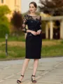 Glamorous Sheath Scoop 3/4 Sleeves Appliques Lace Knee-Length Stretch Crepe Mother of the Bride Dress
