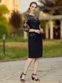 Glamorous Sheath Scoop 3/4 Sleeves Appliques Lace Knee-Length Stretch Crepe Mother of the Bride Dress