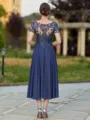 Impeccable A-line V-Neck Short Sleeves Appliques Lace Tea-Length Chiffon Mother of the Bride Dress