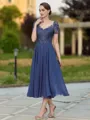 Impeccable A-line V-Neck Short Sleeves Appliques Lace Tea-Length Chiffon Mother of the Bride Dress