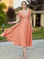 Impeccable A-line V-Neck Short Sleeves Appliques Lace Tea-Length Chiffon Mother of the Bride Dress
