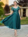 Impeccable A-line V-Neck Short Sleeves Appliques Lace Tea-Length Chiffon Mother of the Bride Dress
