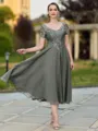 Impeccable A-line V-Neck Short Sleeves Appliques Lace Tea-Length Chiffon Mother of the Bride Dress