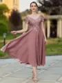 Impeccable A-line V-Neck Short Sleeves Appliques Lace Tea-Length Chiffon Mother of the Bride Dress