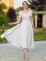 Impeccable A-line V-Neck Short Sleeves Appliques Lace Tea-Length Chiffon Mother of the Bride Dress