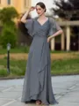 Statuesque A-line V-Neck Short Sleeves Pleated Floor-Length Mother of the Bride Dress