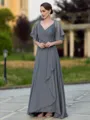 Statuesque A-line V-Neck Short Sleeves Pleated Floor-Length Mother of the Bride Dress