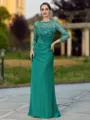 Regal Sheath Scoop 3/4 Sleeves Appliques Lace Floor-Length Chiffon Mother of the Bride Dress