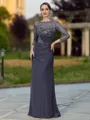 Regal Sheath Scoop 3/4 Sleeves Appliques Lace Floor-Length Chiffon Mother of the Bride Dress