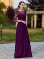 Polished Sheath Scoop 3/4 Sleeves Appliques Lace Floor-Length Chiffon Mother of the Bride Dress