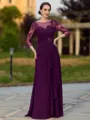 Polished Sheath Scoop 3/4 Sleeves Appliques Lace Floor-Length Chiffon Mother of the Bride Dress