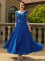 Classy A-line V-Neck 3/4 Sleeves Appliques Lace Ankle-Length Chiffon Mother of the Bride Dress