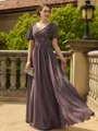 Radiant A-line V-Neck Short Sleeves Appliques Lace Floor-Length Chiffon Mother of the Bride Dress