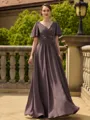 Radiant A-line V-Neck Short Sleeves Appliques Lace Floor-Length Chiffon Mother of the Bride Dress