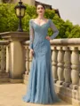 Fashion-forward Sheath/Column Tulle Applique V-Neck Long Sleeves Sweep Train Mother of the Bride Dresses