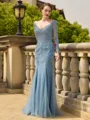 Fashion-forward Sheath/Column Tulle Applique V-Neck Long Sleeves Sweep Train Mother of the Bride Dresses