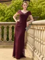 Stunning Sheath/Column Lace Ruched V-Neck Short Sleeves Floor-Length Mother of the Bride Dresses