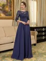 Graceful A-line Scoop 3/4 Sleeves Appliques Lace Floor-Length Chiffon Mother of the Bride Dress