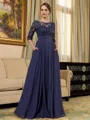 Graceful A-line Scoop 3/4 Sleeves Appliques Lace Floor-Length Chiffon Mother of the Bride Dress