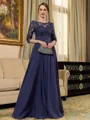 Graceful A-line Scoop 3/4 Sleeves Appliques Lace Floor-Length Chiffon Mother of the Bride Dress