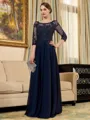 Resplendent A-line Scoop 3/4 Sleeves Appliques Lace Floor-Length Chiffon Mother of the Bride Dress