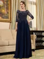 Resplendent A-line Scoop 3/4 Sleeves Appliques Lace Floor-Length Chiffon Mother of the Bride Dress