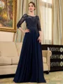 Resplendent A-line Scoop 3/4 Sleeves Appliques Lace Floor-Length Chiffon Mother of the Bride Dress