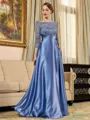 Rhythmic A-line Scoop 3/4 Sleeves Appliques Lace Floor-Length Silk Like Satin Mother of the Bride Dress