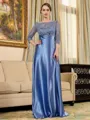 Rhythmic A-line Scoop 3/4 Sleeves Appliques Lace Floor-Length Silk Like Satin Mother of the Bride Dress